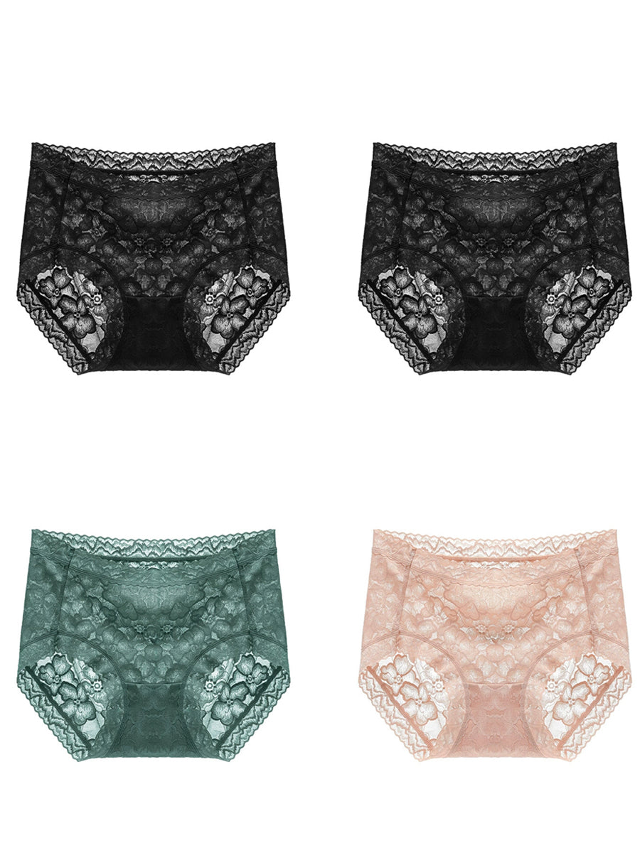 4 Pieces Women Artsy Flower Lace High Waist Underwear
