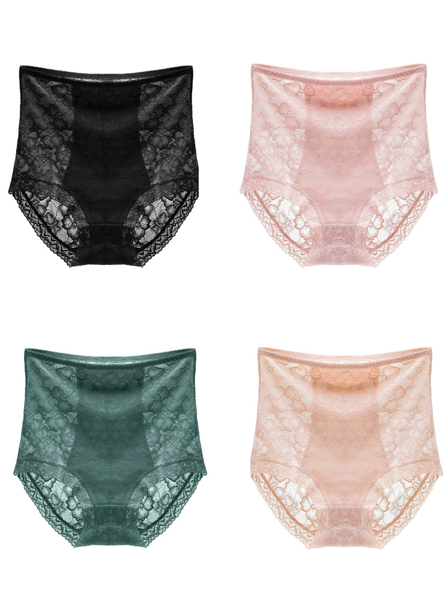 4 Pieces Women Artsy Flower Lace High Waist Underwear
