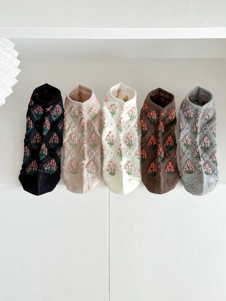 5 Pairs Women Summer Floral Rhomboids Socks