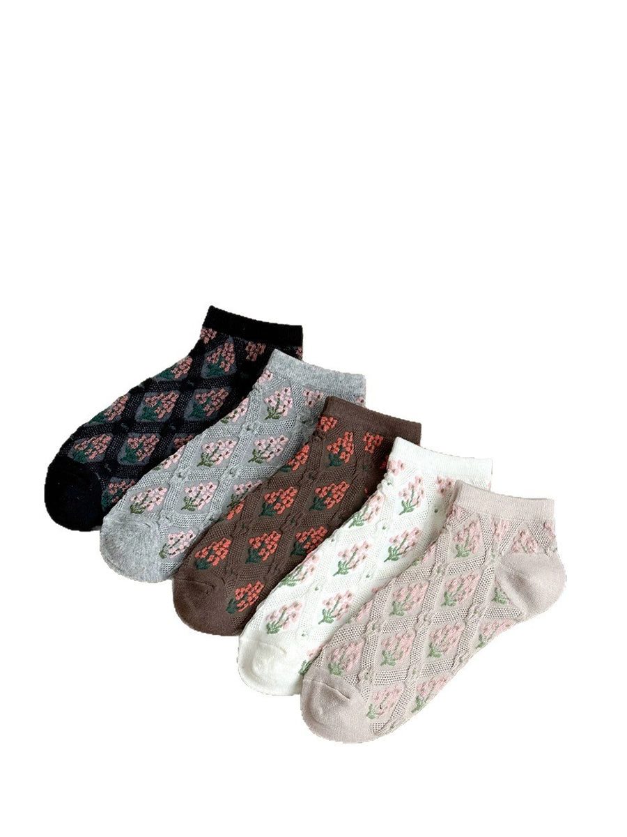 5 Pairs Women Summer Floral Rhomboids Socks