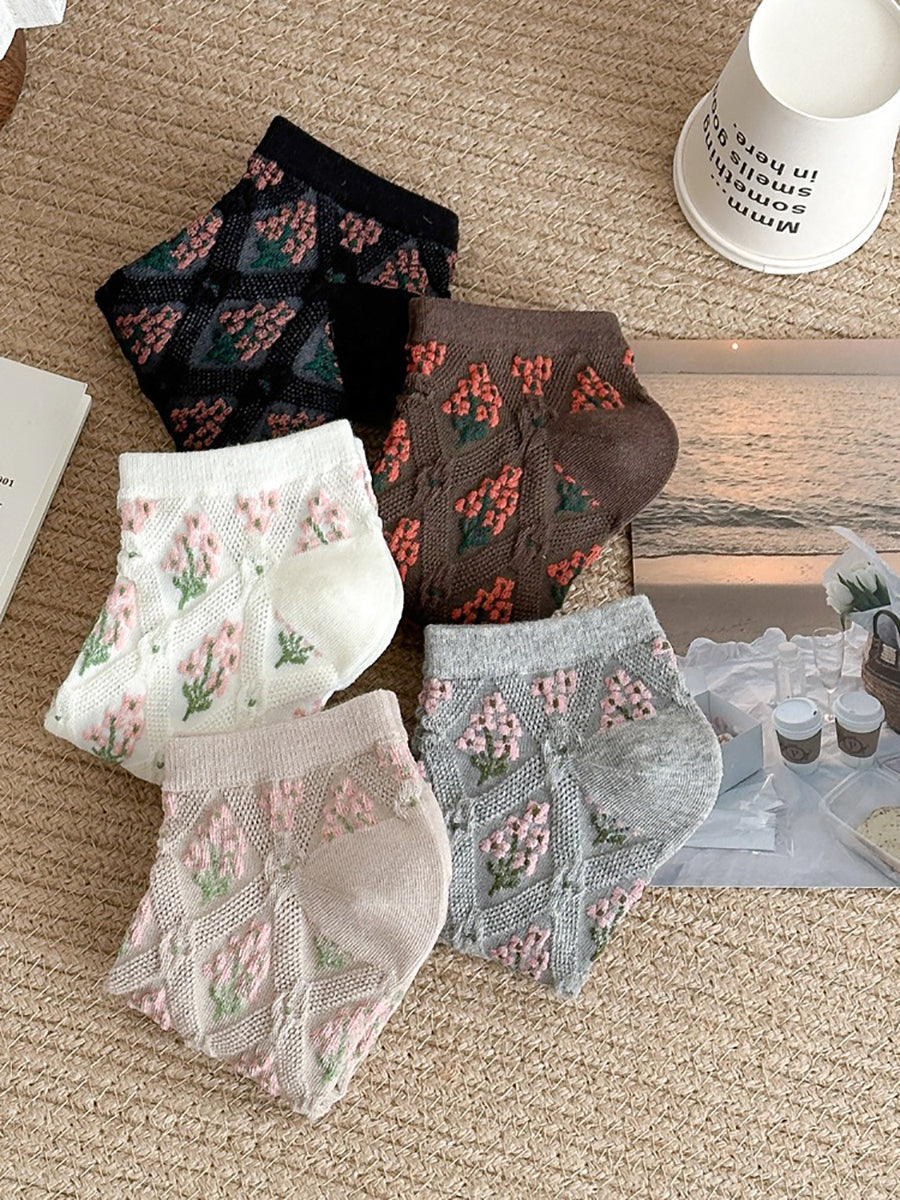 5 Pairs Women Summer Floral Rhomboids Socks