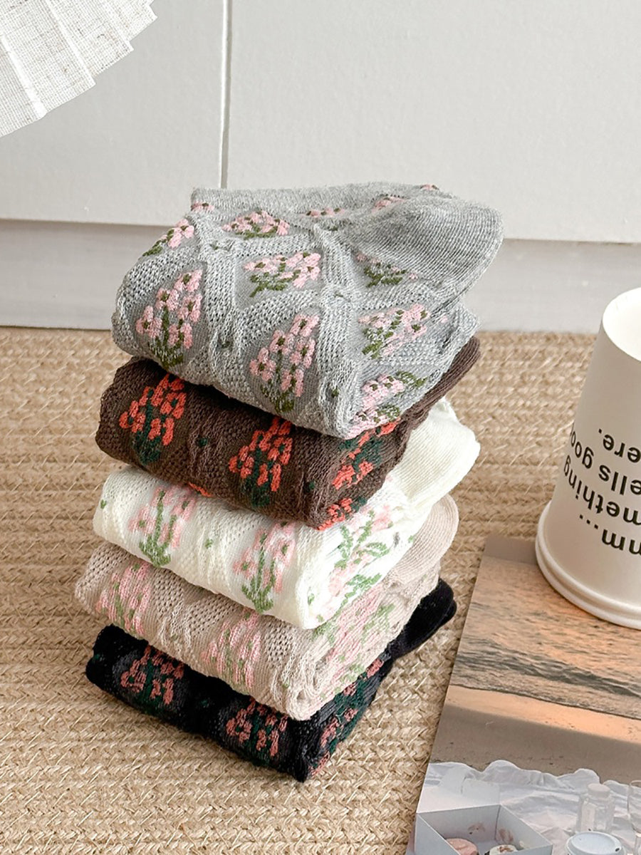 5 Pairs Women Summer Floral Rhomboids Socks