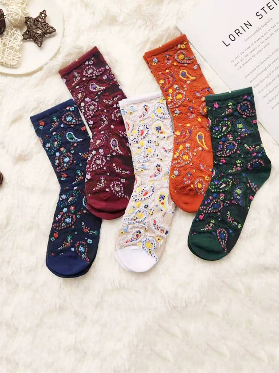 5 Pairs Women Artsy Floral Jacquard Socks