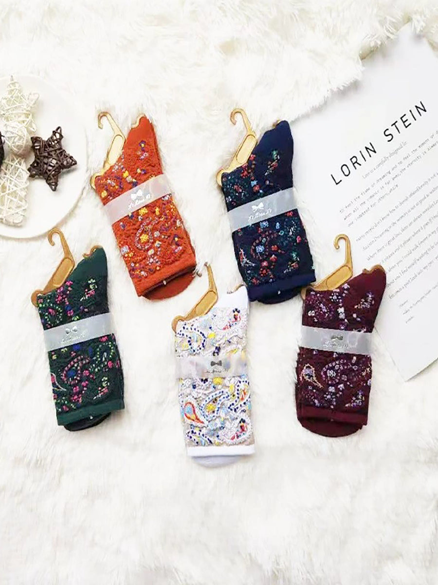 5 Pairs Women Artsy Floral Jacquard Socks