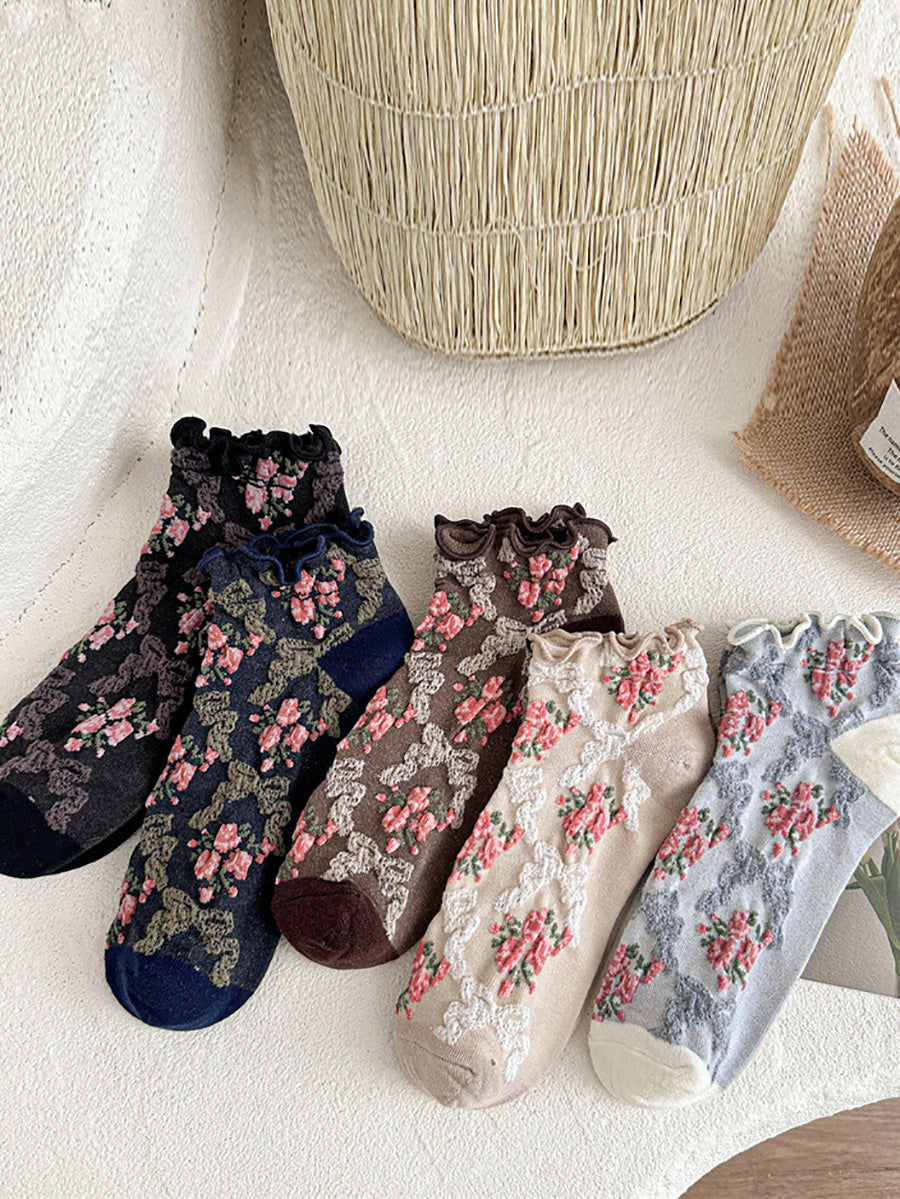 5 Pairs Women Artsy Flower Jacquard Socks