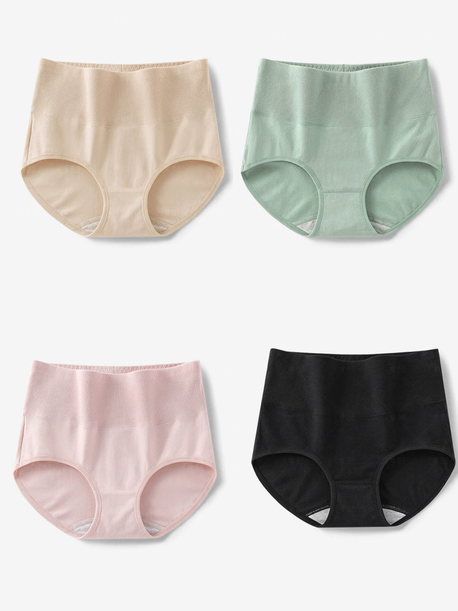 4 Pieces Women Artsy Pure Color High Waist Underwear