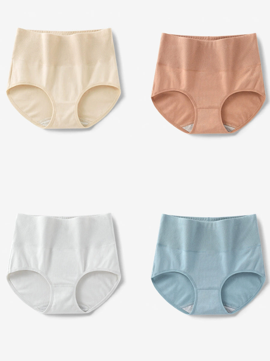 4 Pieces Women Artsy Pure Color High Waist Underwear