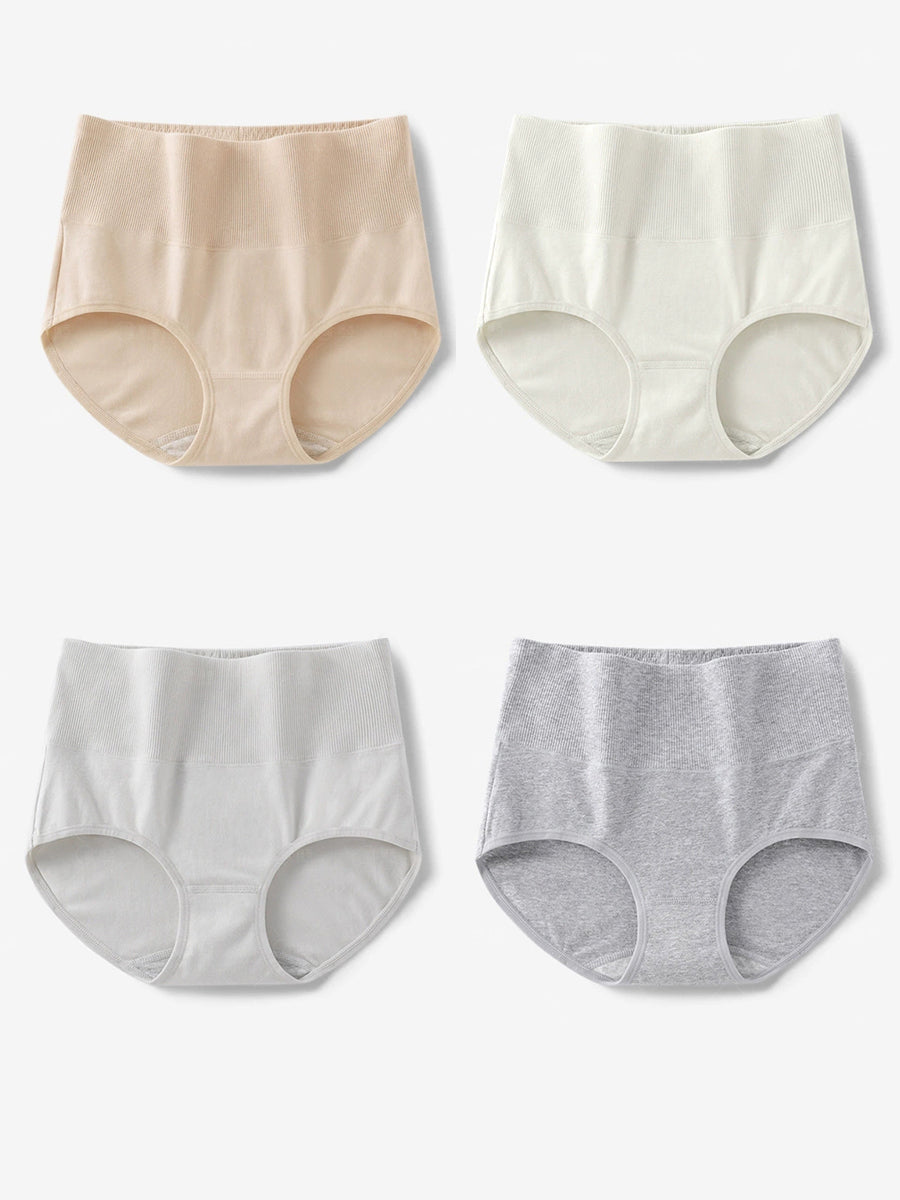 4 Pieces Women Artsy Pure Color High Waist Underwear