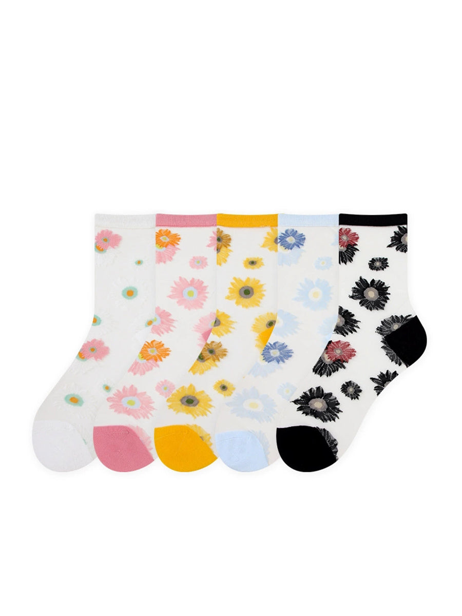 5 Pairs Women Summer Artsy Flower Thin Socks