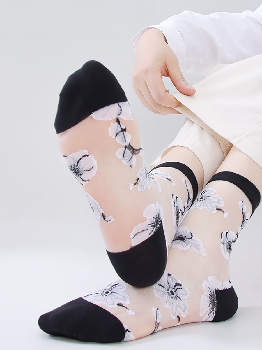 5 Pairs Women Summer Artsy Flower Thin Socks