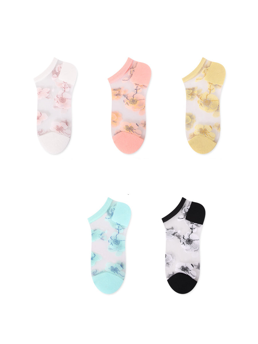 5 Pairs Women Summer Artsy Flower Thin Socks