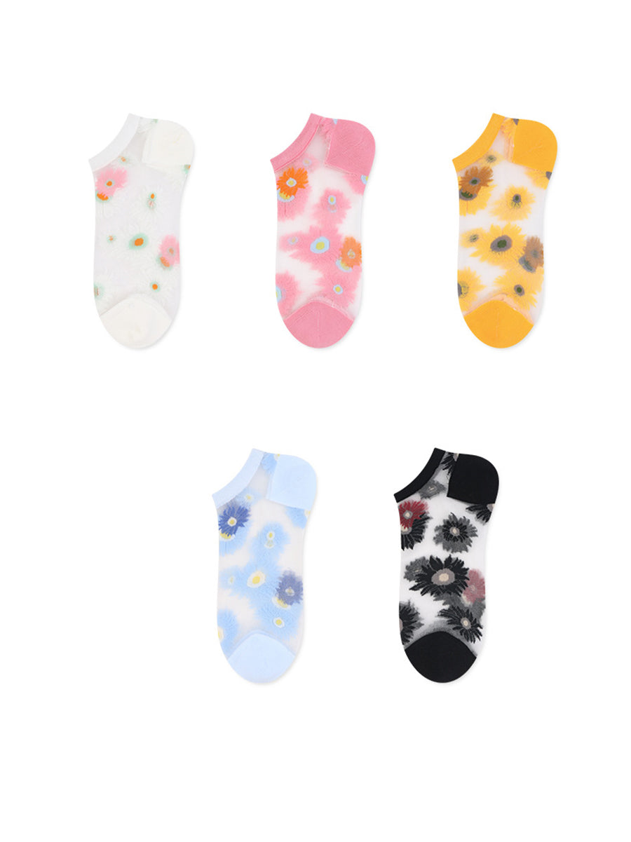 5 Pairs Women Summer Artsy Flower Thin Socks