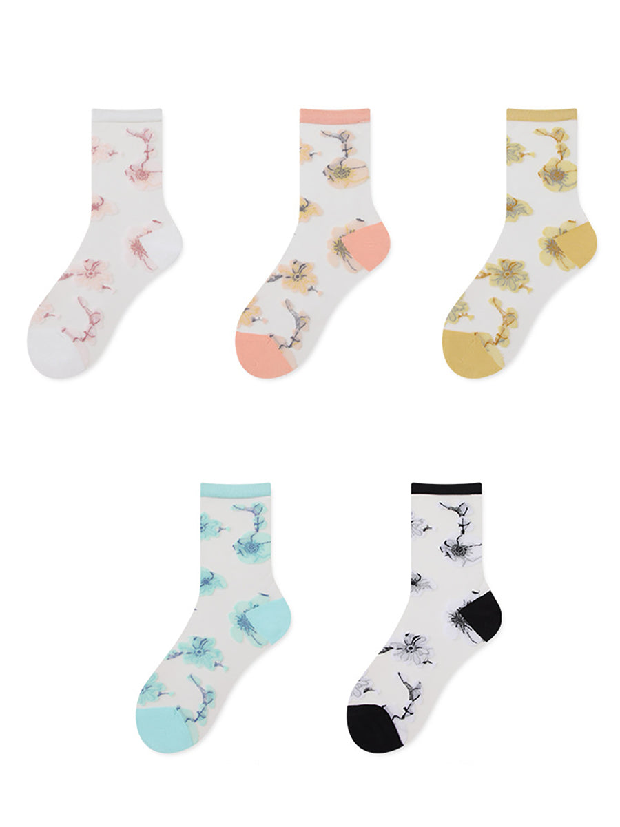 5 Pairs Women Summer Artsy Flower Thin Socks