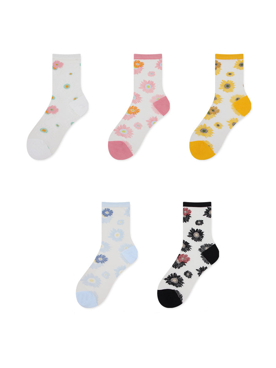 5 Pairs Women Summer Artsy Flower Thin Socks