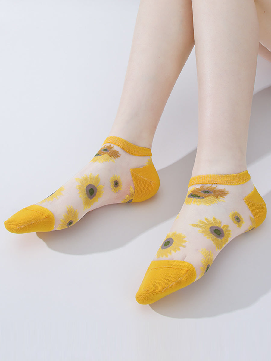 5 Pairs Women Summer Artsy Flower Thin Socks