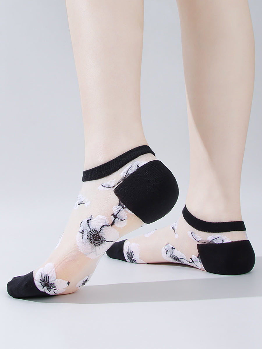 5 Pairs Women Summer Artsy Flower Thin Socks