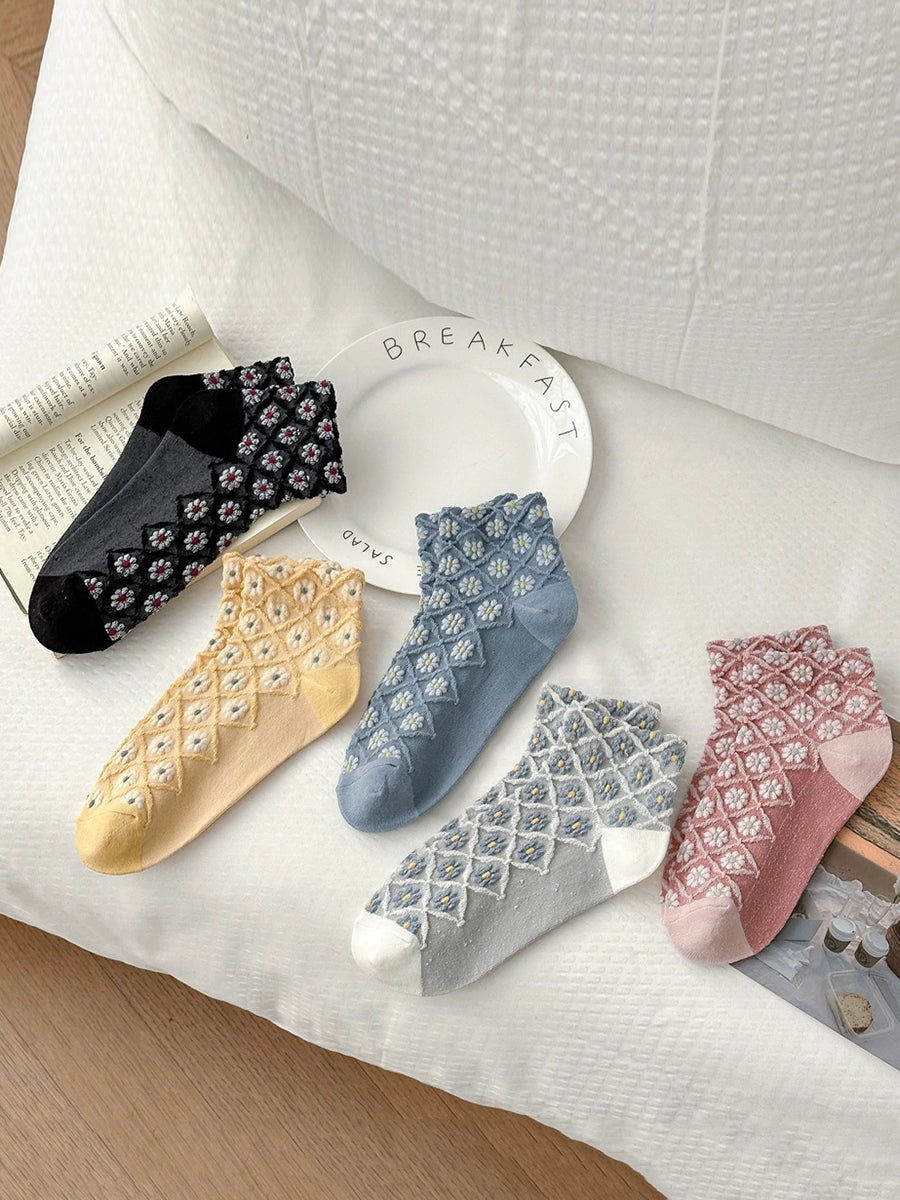 5 Pairs Women Artsy Flower Jacquard Socks