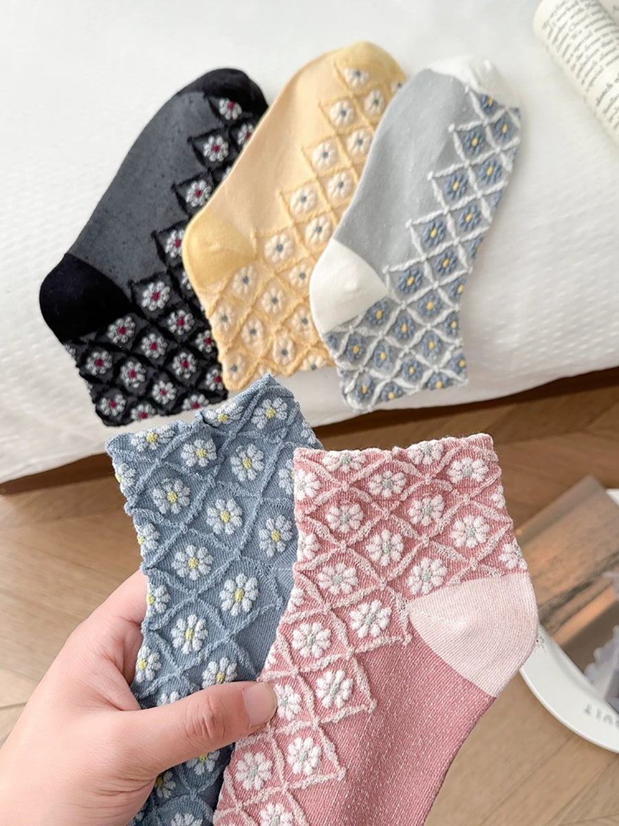 5 Pairs Women Artsy Flower Jacquard Socks