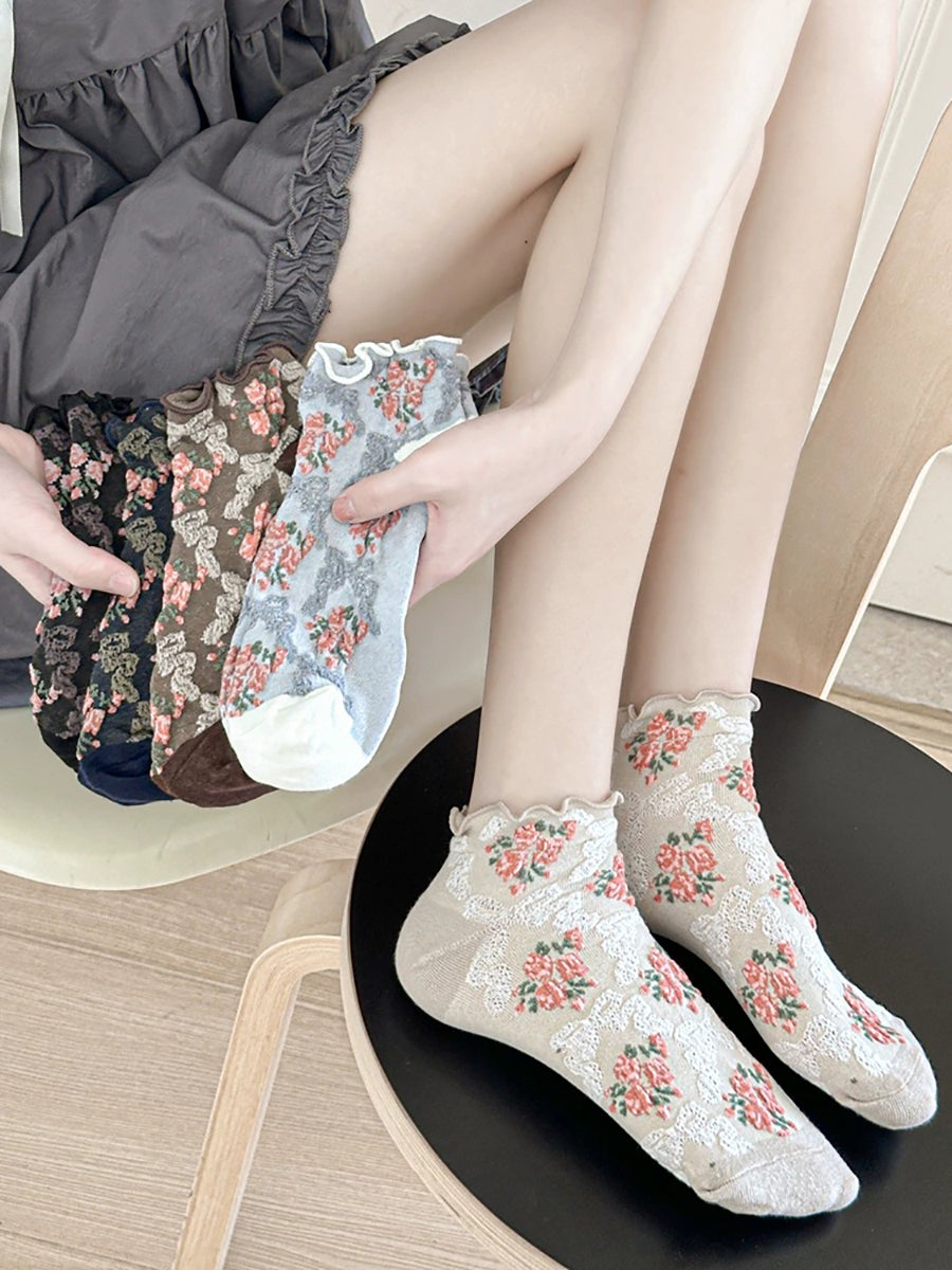 5 Pairs Women Artsy Flower Jacquard Socks