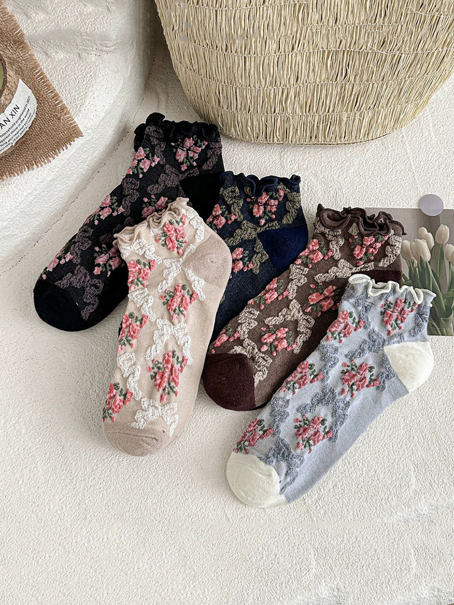 5 Pairs Women Artsy Flower Jacquard Socks