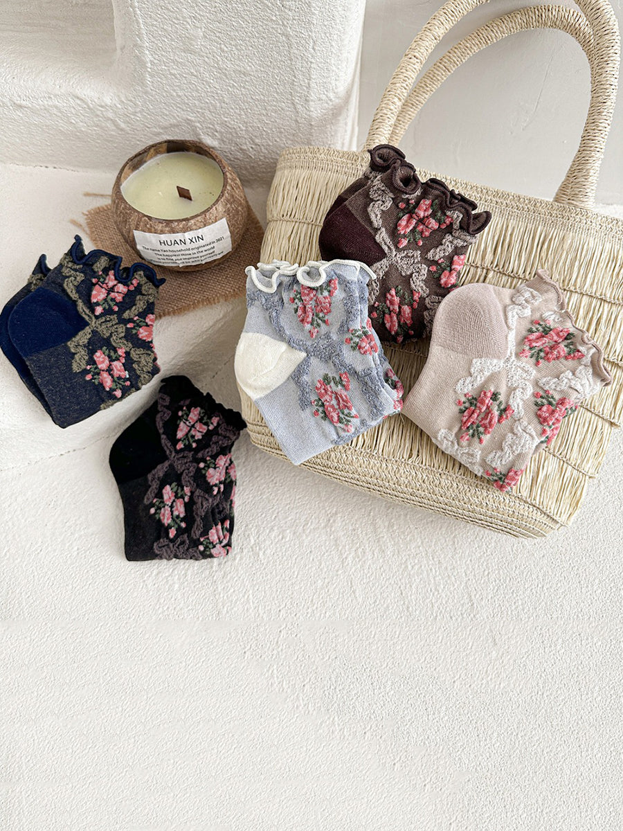5 Pairs Women Artsy Flower Jacquard Socks