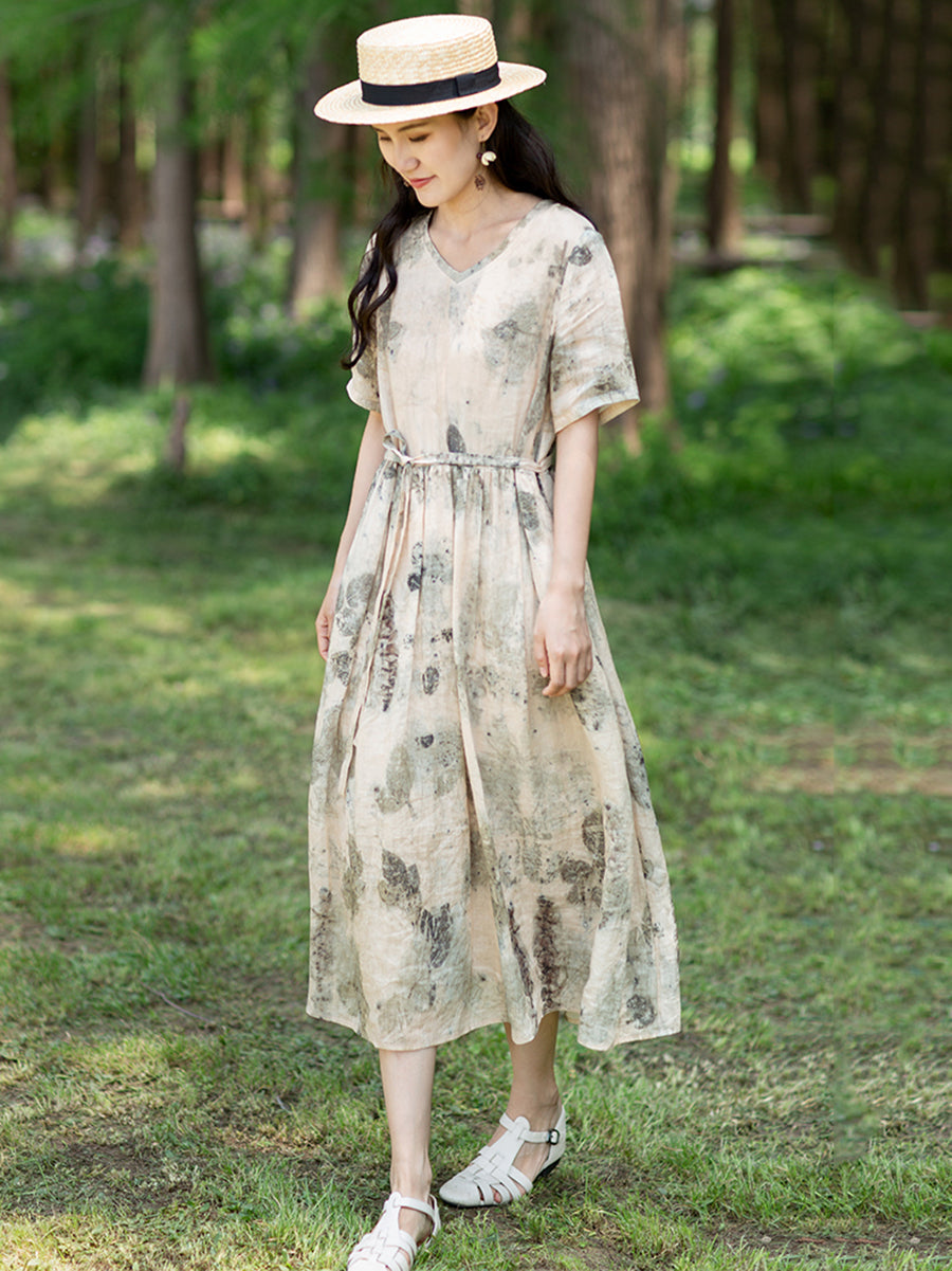 Plus Size Women Artsy Ink-Print Drawstring Ramie Dress Main image