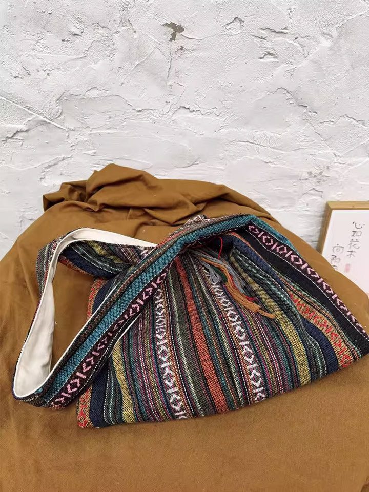 Ethnic Color-Blocking Stripe Shoulder Bag