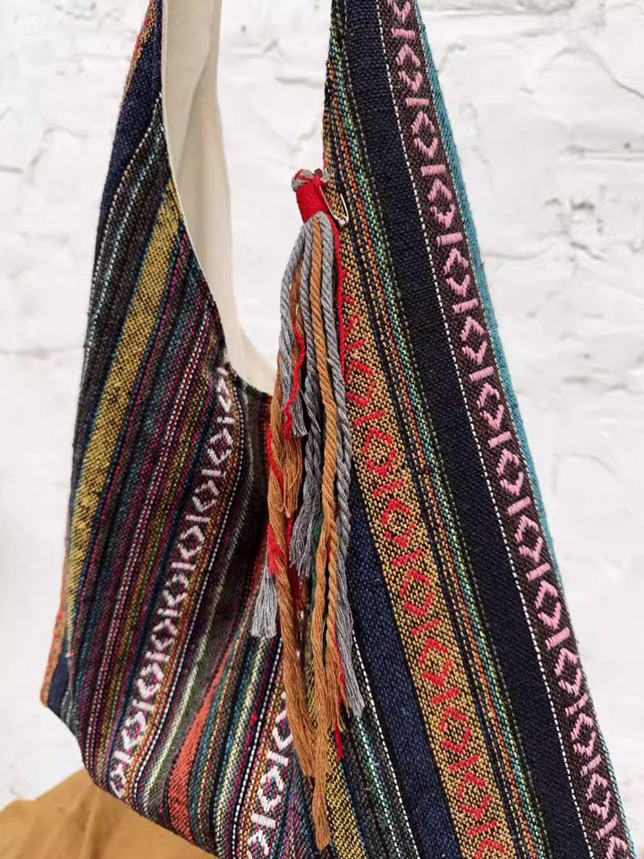 Ethnic Color-Blocking Stripe Shoulder Bag