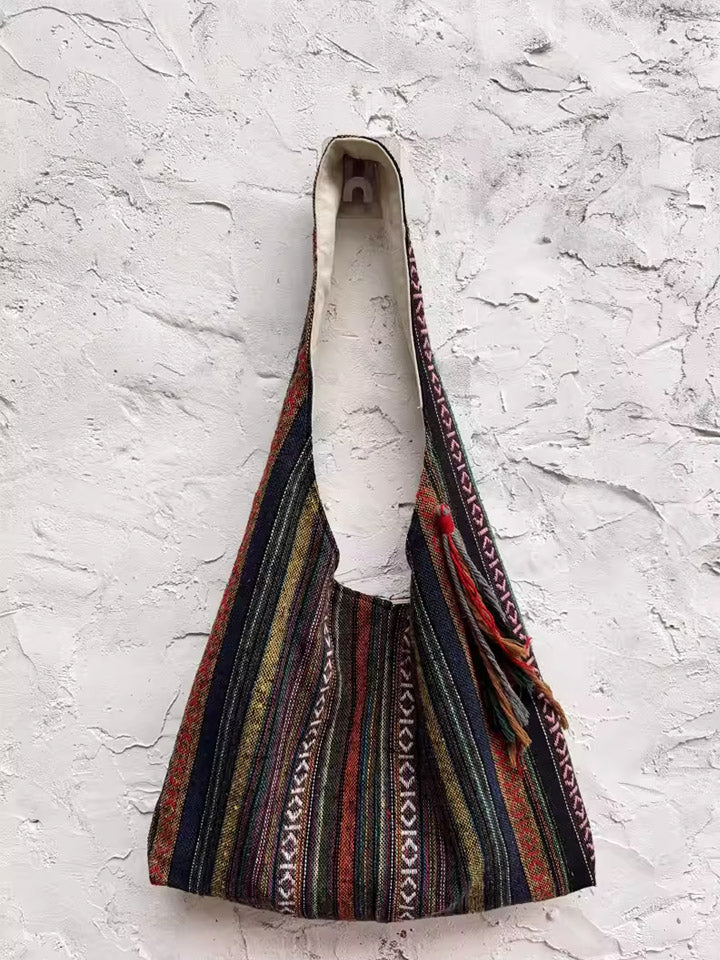 Ethnic Color-Blocking Stripe Shoulder Bag