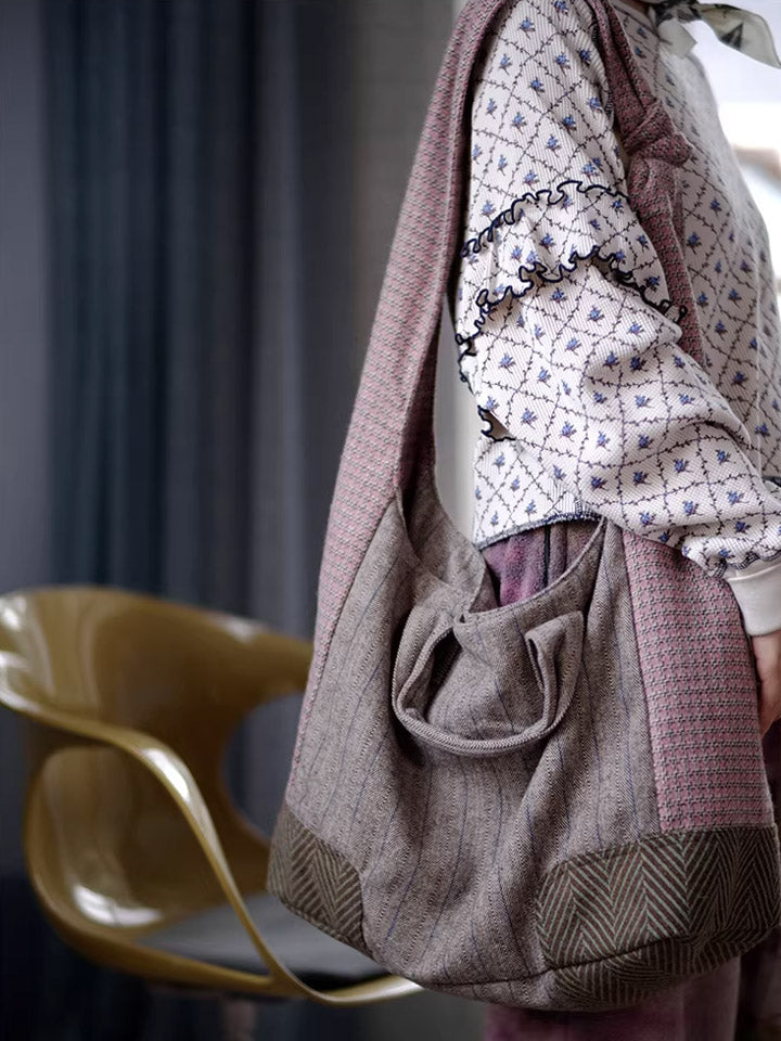 Pink-Grey Retro Wool Large Capacity Crossbody Bag