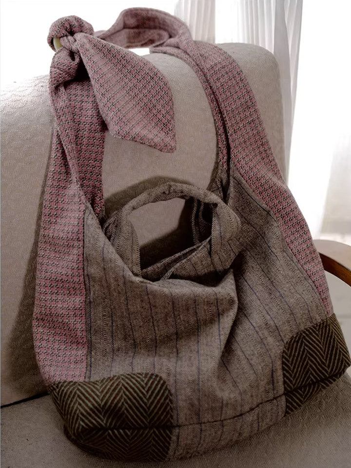 Pink-Grey Retro Wool Large Capacity Crossbody Bag