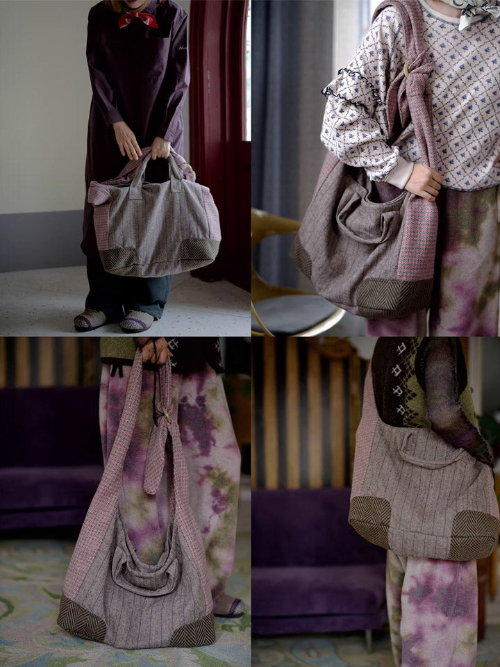 Pink-Grey Retro Wool Large Capacity Crossbody Bag