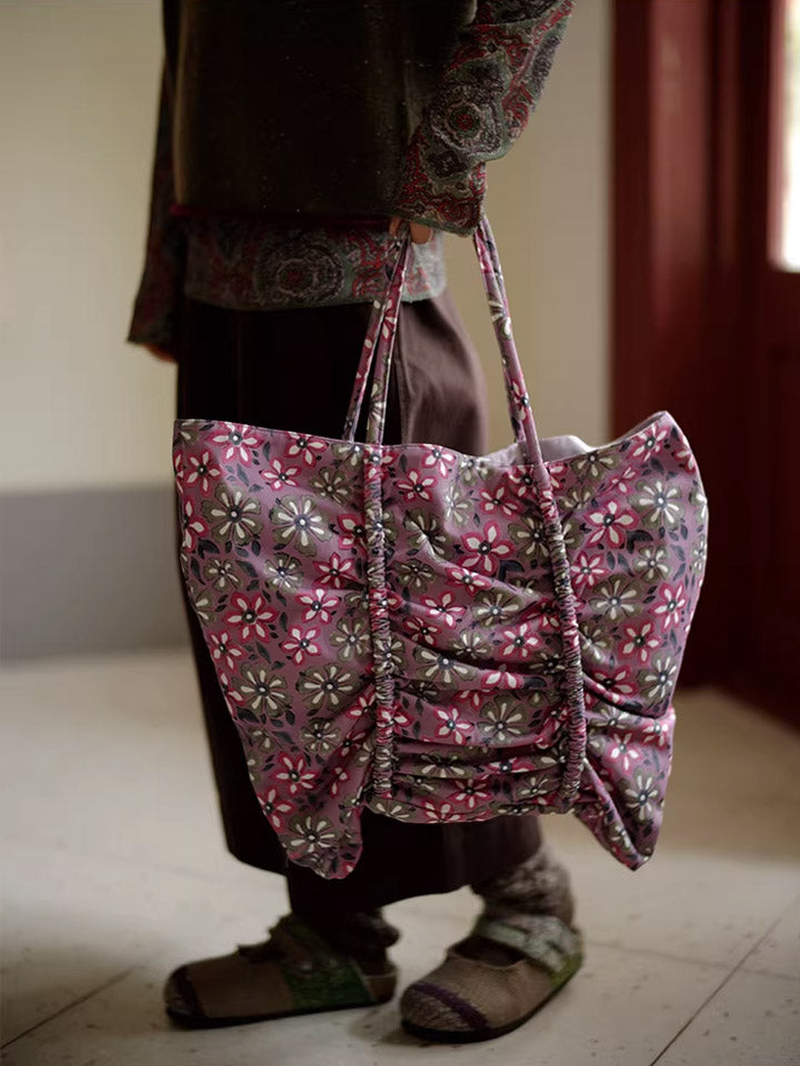 Pink Flower Print Buttefly Shape Tote Bag