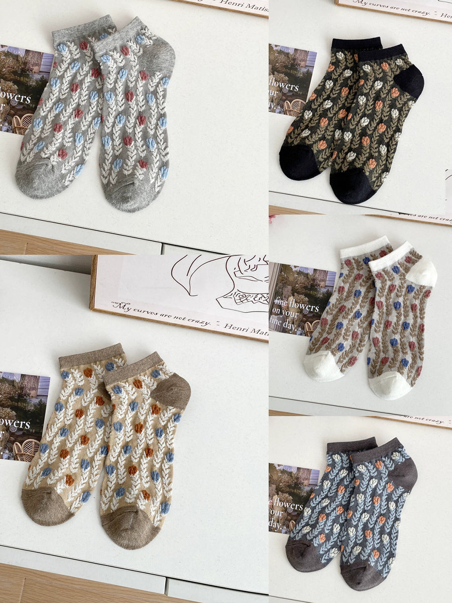 5 Pairs Women Summer Floral Rhomboids Socks