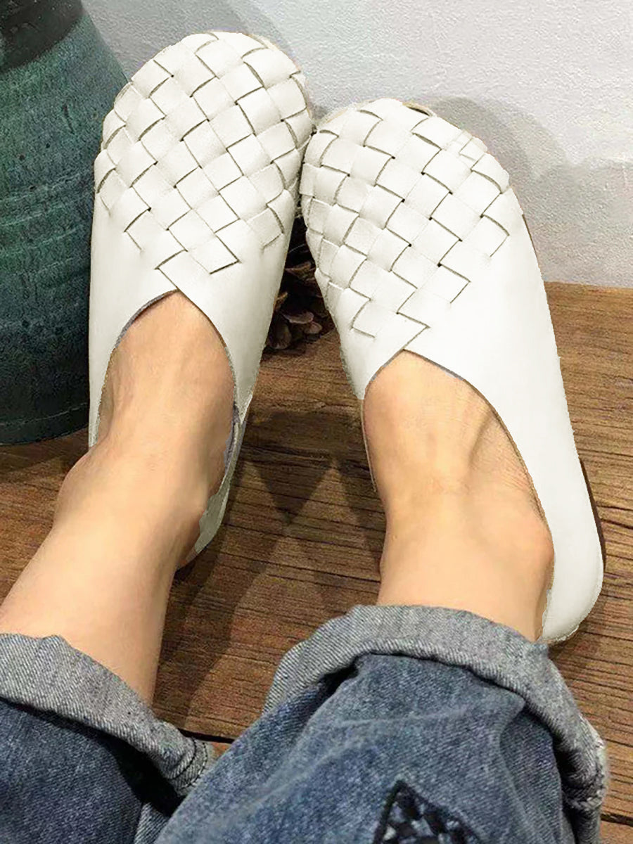 Leather Women Solid Color Woven Round Toe Flat Shoes