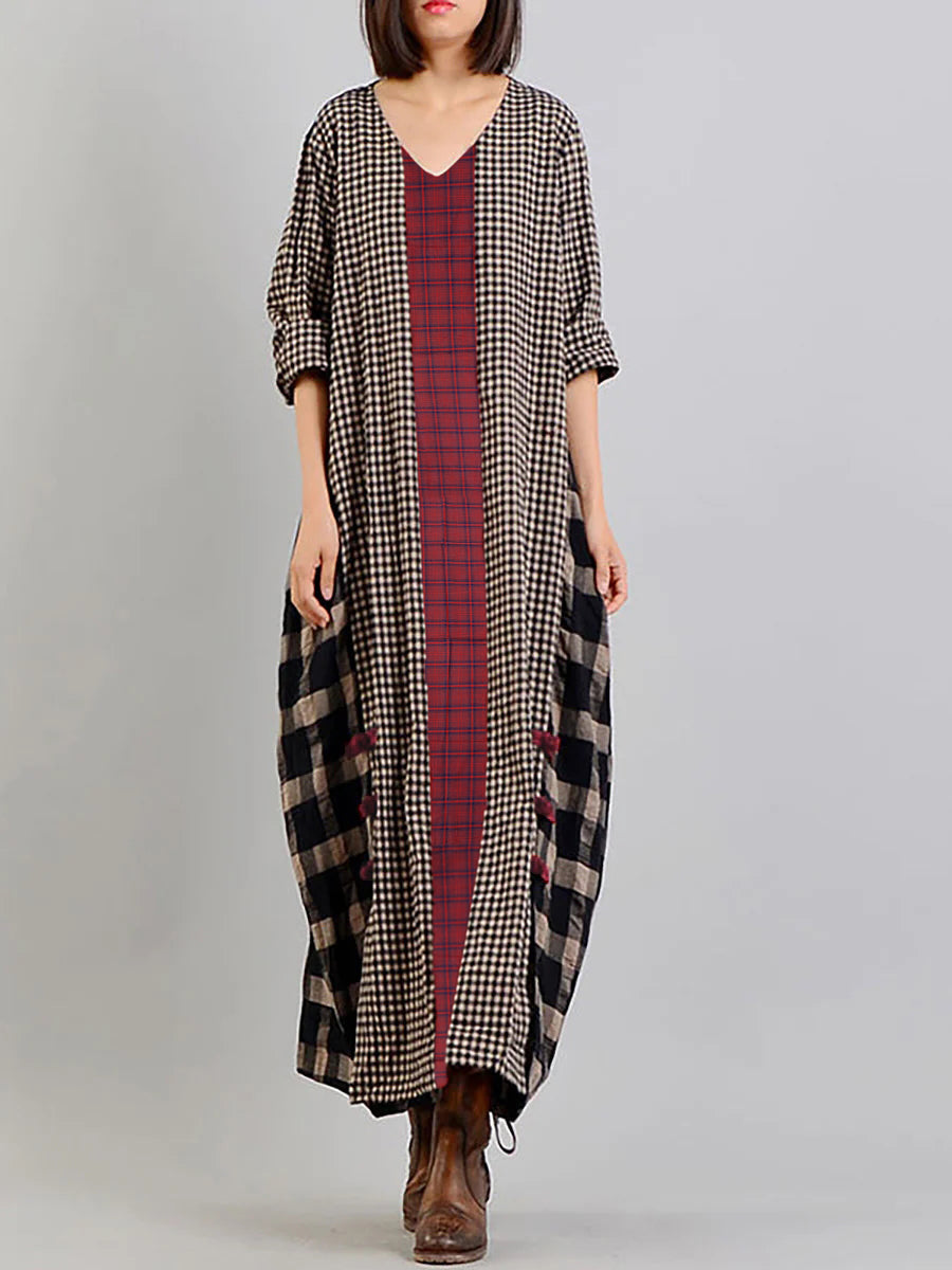 Plus Size Different Colored Plaid Retro Cotton Linen Dress