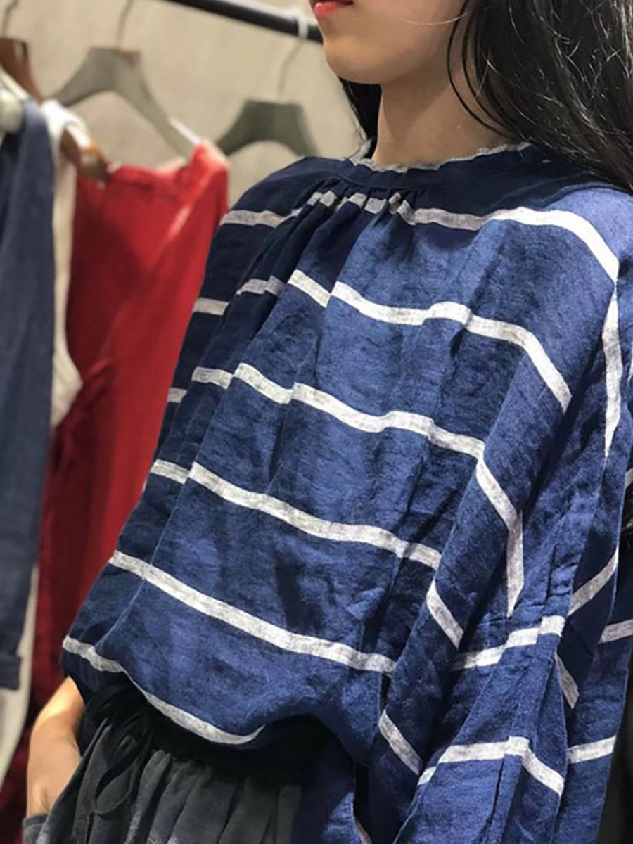 Plus Size Loose Cotton Linen Striped Long Sleeve Shirt Secondary image