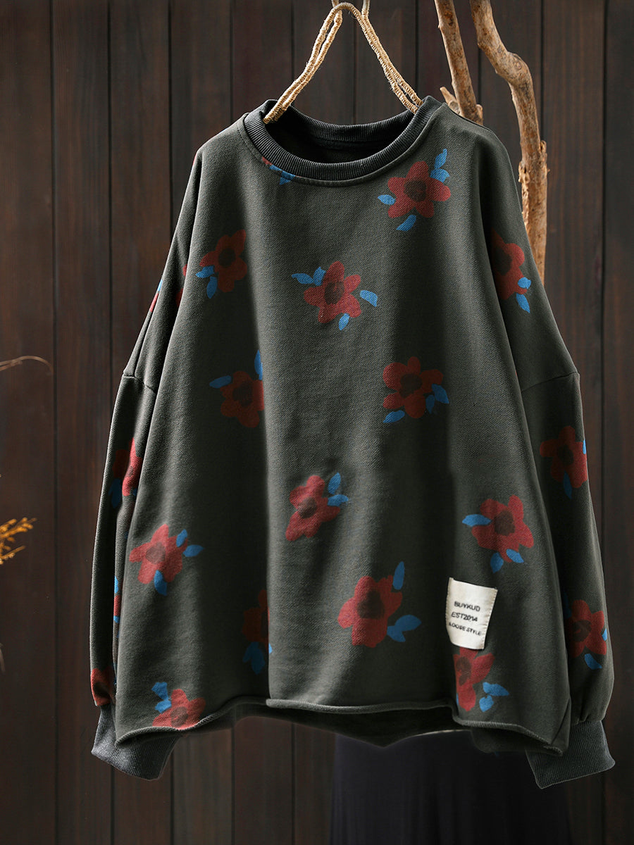 Plus Size Women Autumn Artsy Flower O-Neck Cotton Blouse