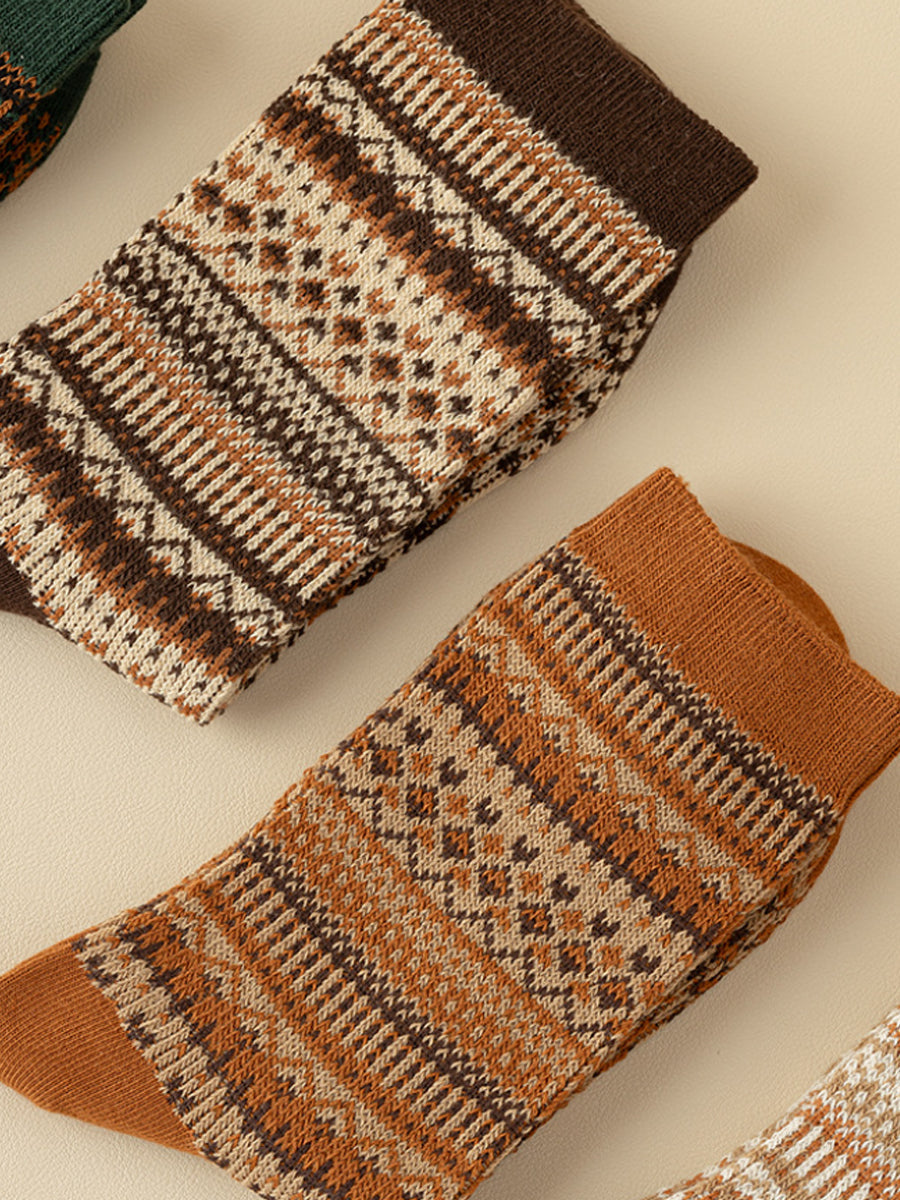5 Pairs Women Winter Vintage Stripe Cotton Socks