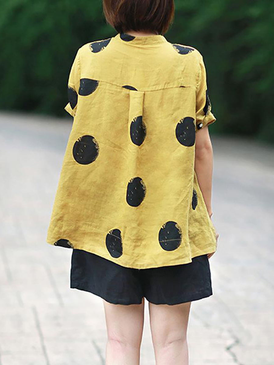 Plus Size Polka Dot Cotton Linen Stand Collar Shirt Secondary image