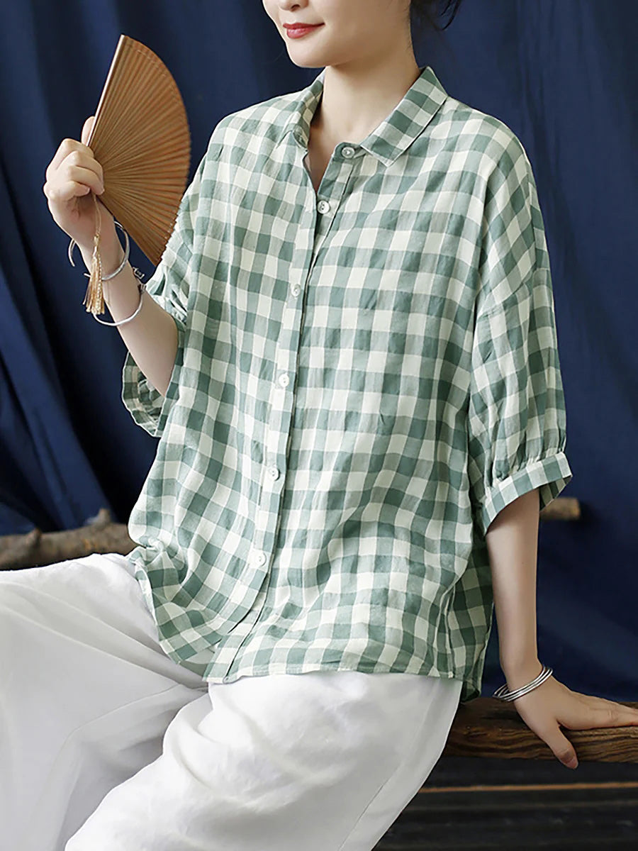 Plus Size Cotton Summer Plaid Vintage Women Loose Shirt