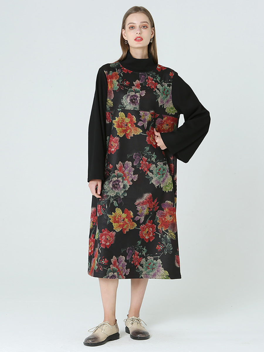 Plus Size Floral Prints Turtleneck Long Sleeve Spring Winter Dress M-2XL Main image