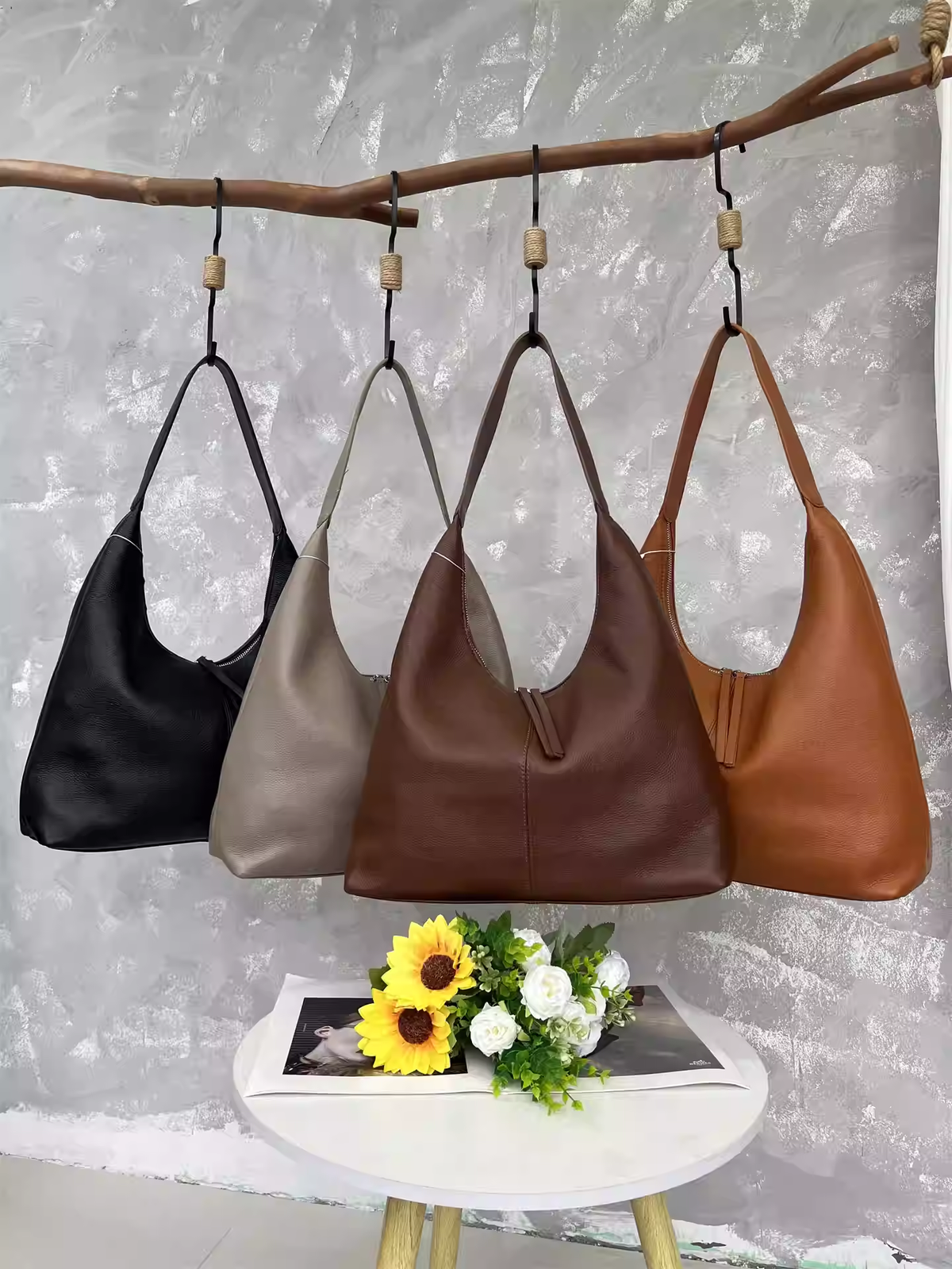 Casual Pure Color Leather Hobo Bag Main image