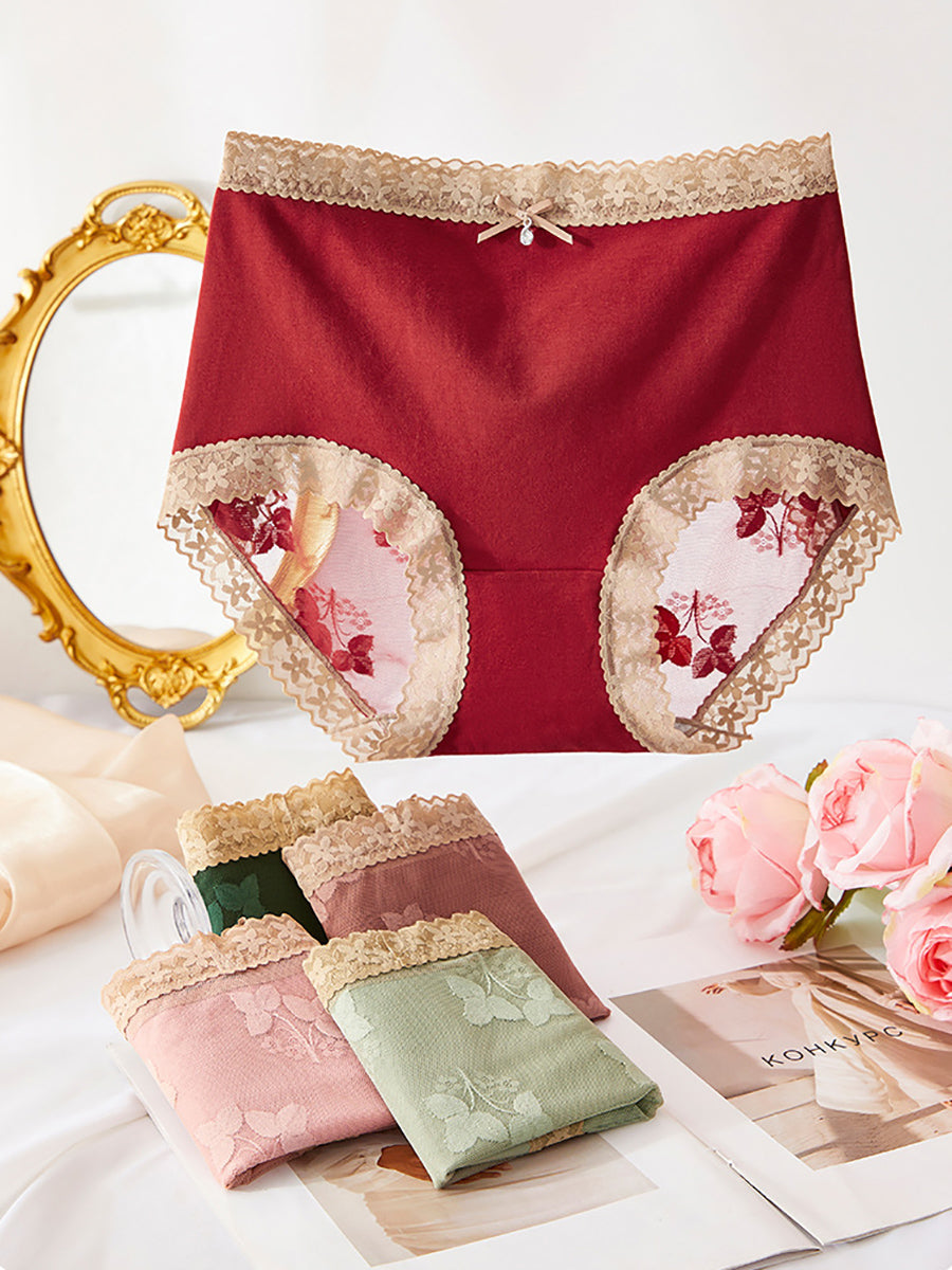 5 Pieces Women Flower Lace Spliced High Waist Underwear