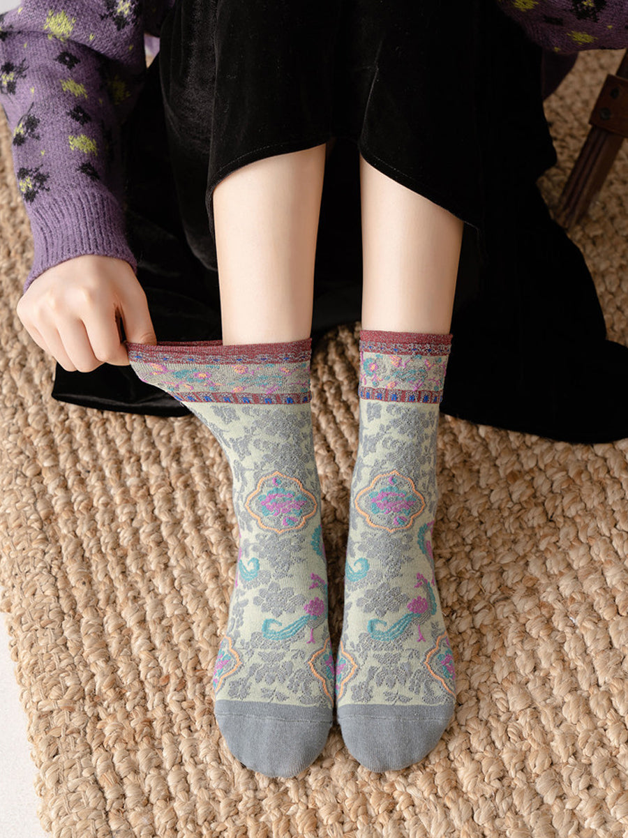 5 Pairs Women Vintage Flower Jacquard Socks