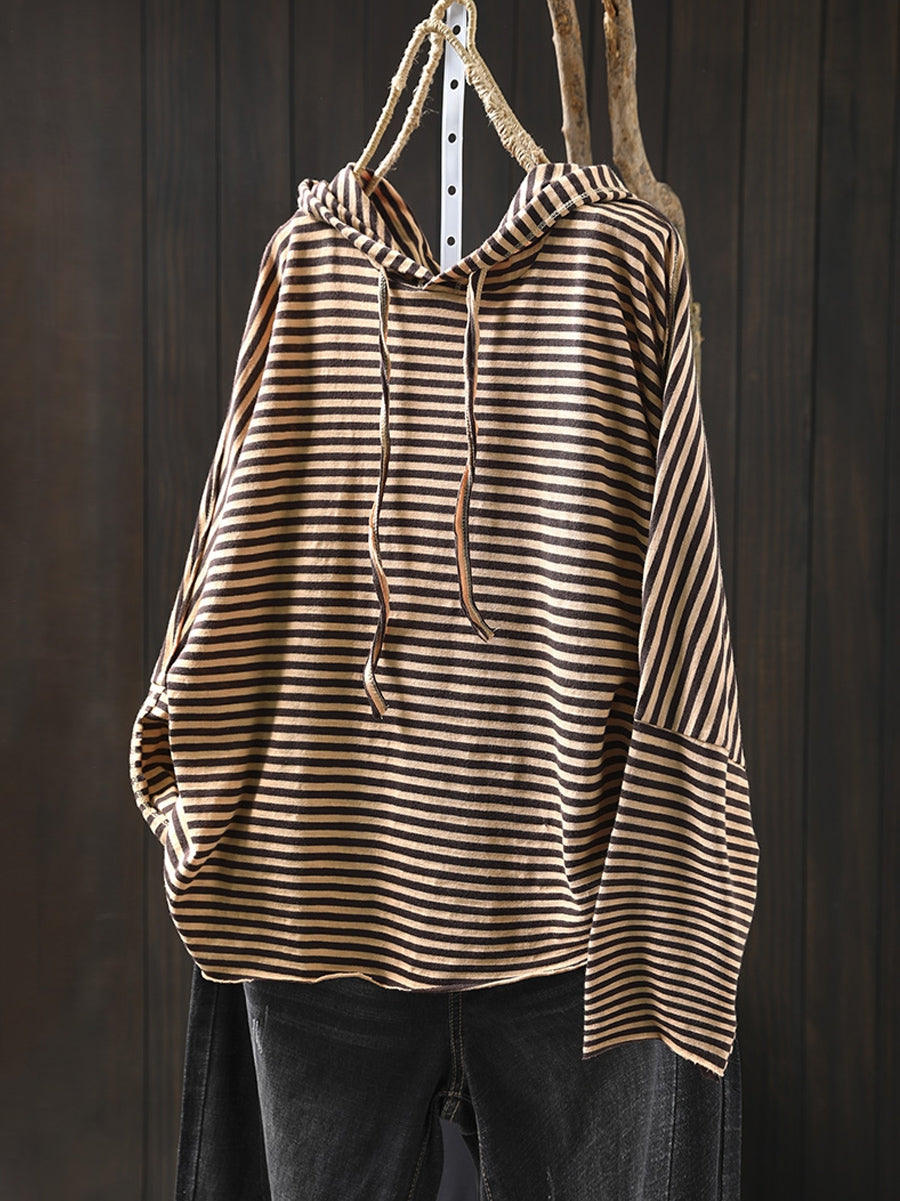 Plus Size Women Autumn Artsy Stripe Cotton Hooded Shirt