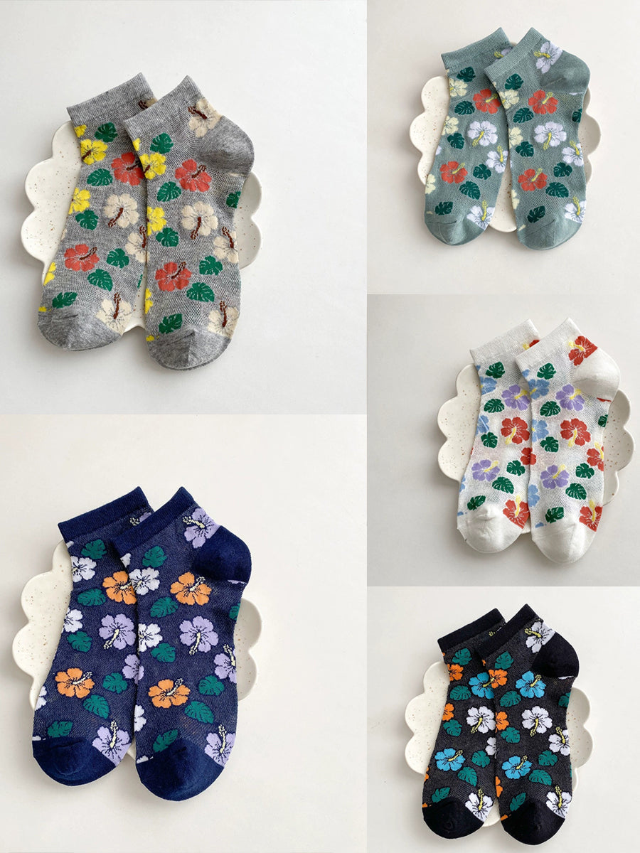 5 Pairs Women Summer Floral Rhomboids Socks