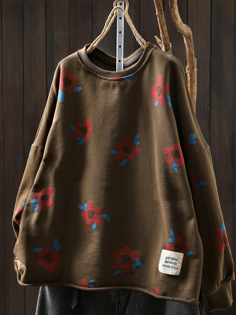 Plus Size Women Autumn Artsy Flower O-Neck Cotton Blouse
