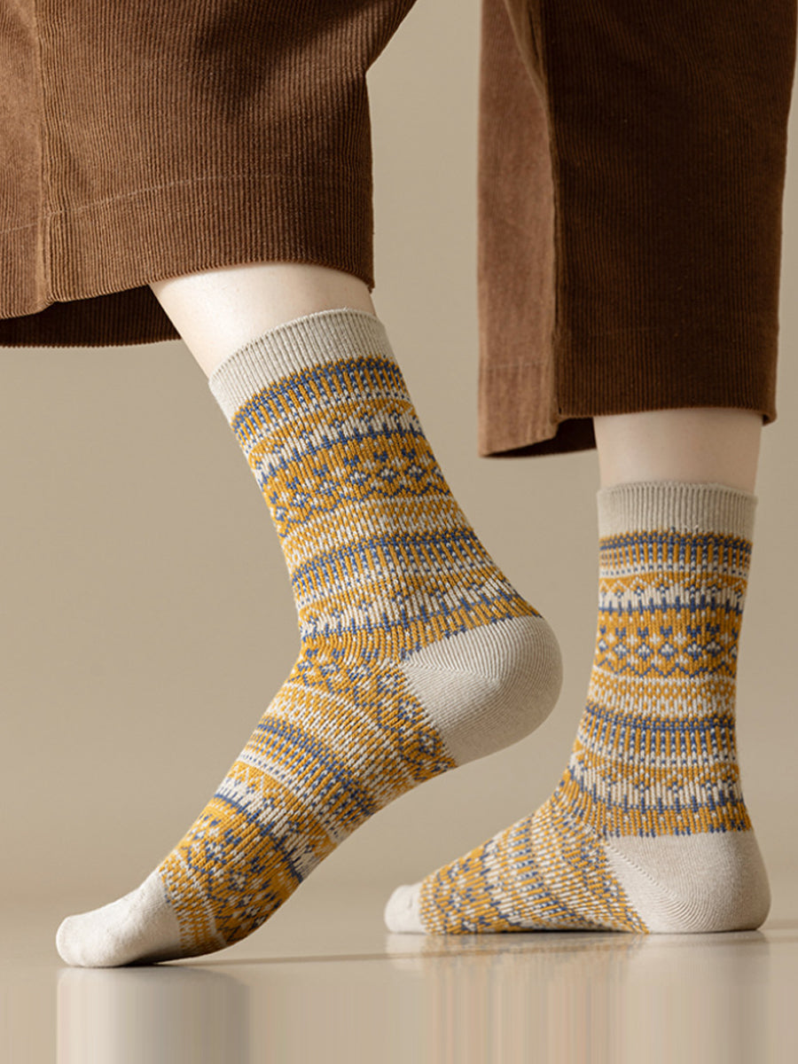 5 Pairs Women Winter Vintage Stripe Cotton Socks
