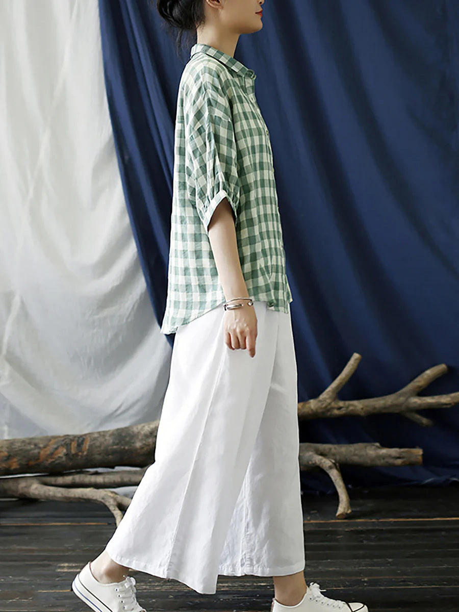 Plus Size Cotton Summer Plaid Vintage Women Loose Shirt